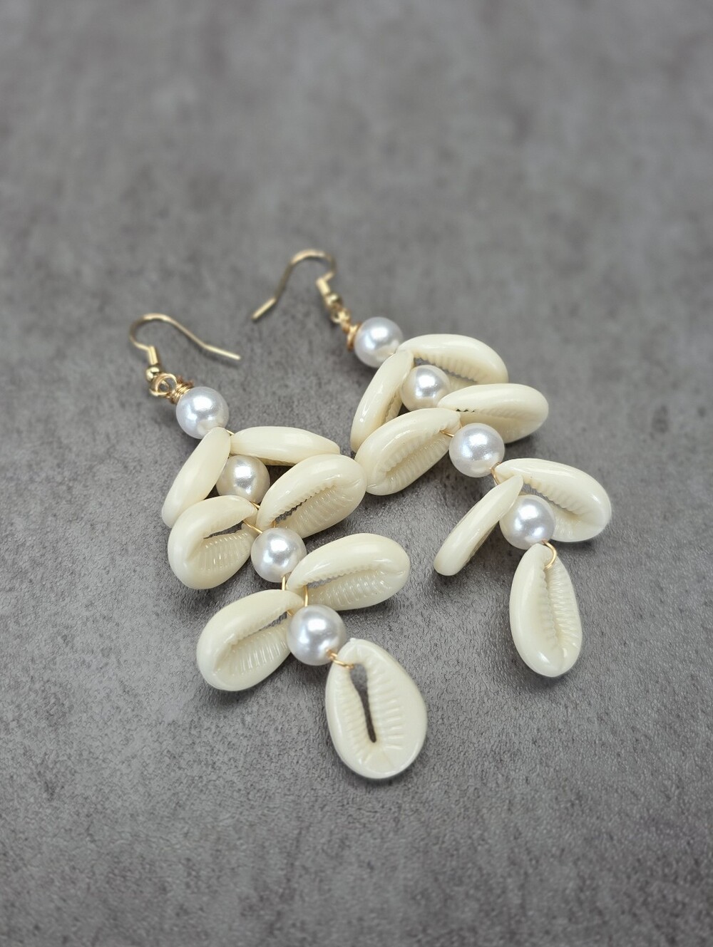 Boho Cowrie Shell & Pearl Dangle Drop Handmade Earrings Gold